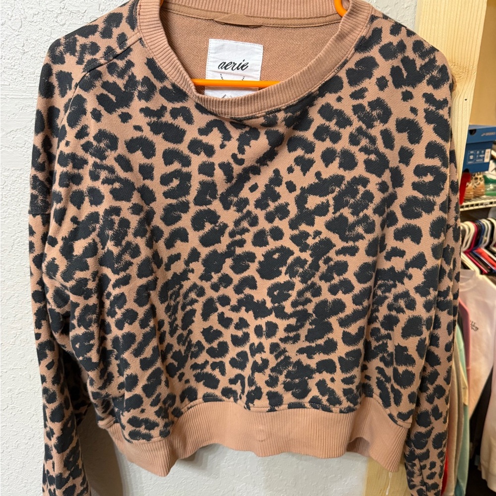 Aerie Animal Print Crew Neck Sweater - Brown and Black